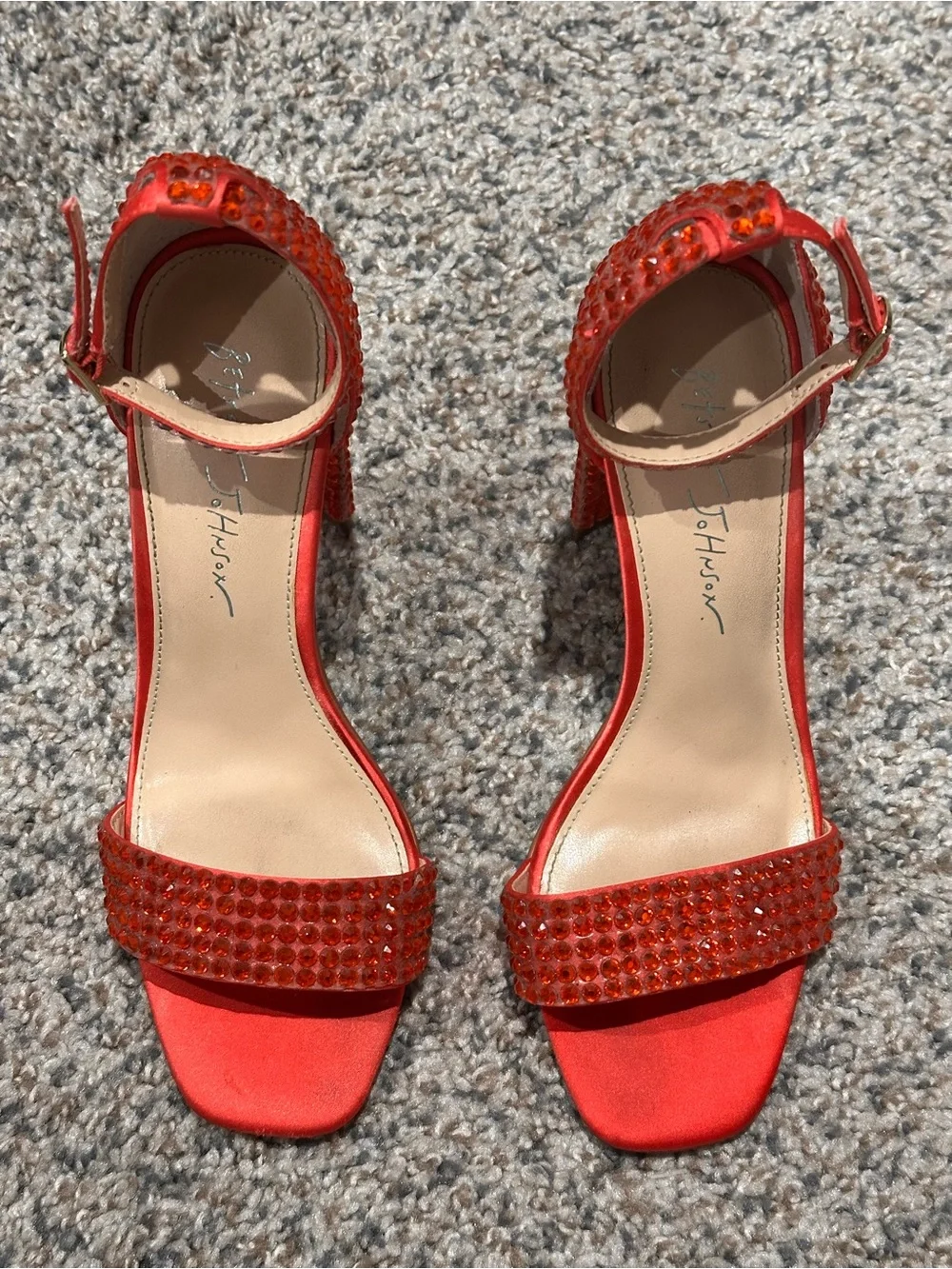 Betsey Johnson Red Crystal-Embellished Ankle-Strap Heels